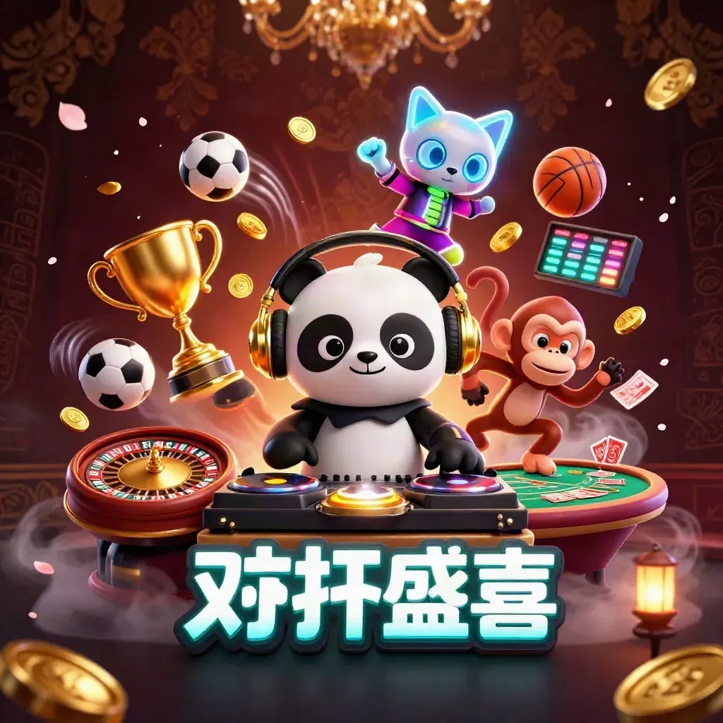 Teal-lit panda DJ, monkey, and glow-stick kitten amid casino props, coins, and dramatic light.