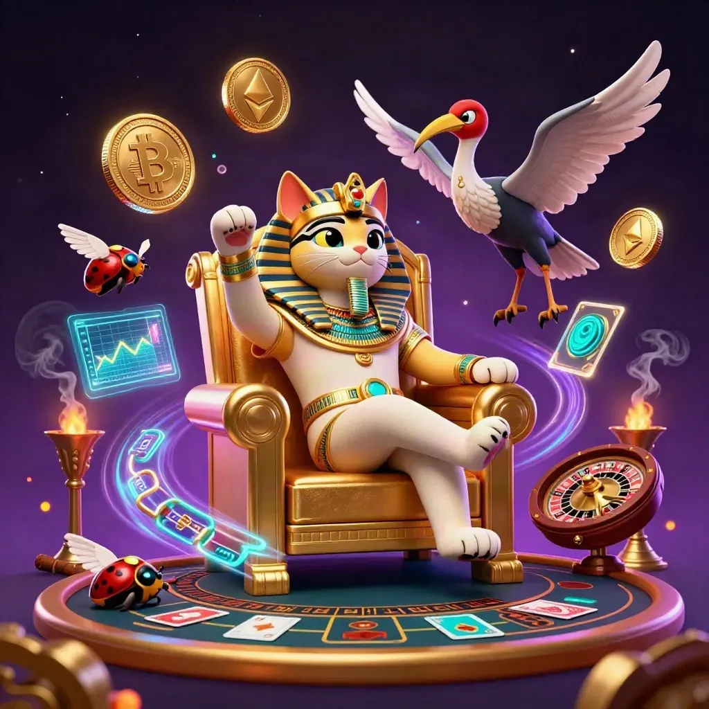 Pharaoh cat on gold throne with ibis scribe, gem scarabs, crypto coins, casino glow.