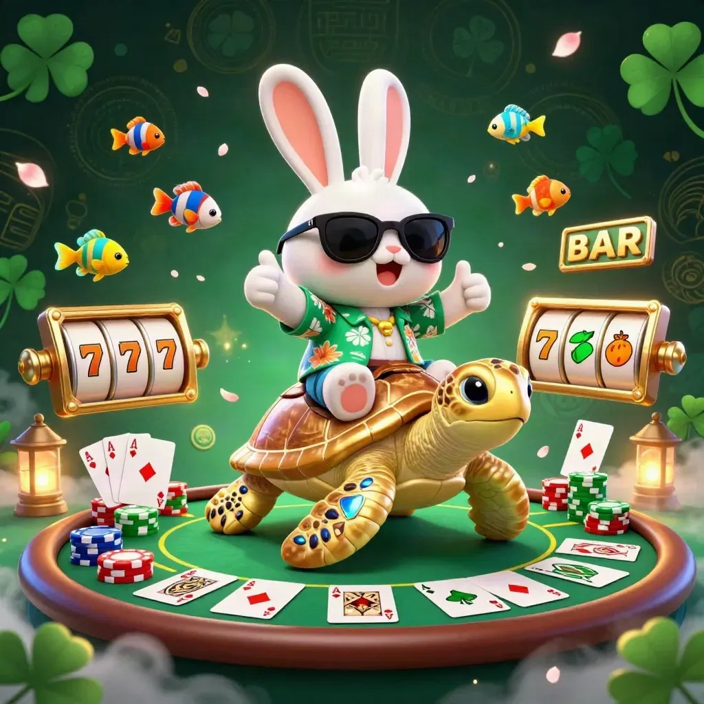 Lucky rabbit rides a golden turtle amid chips, cards, reels, and glowing teal casino magic.