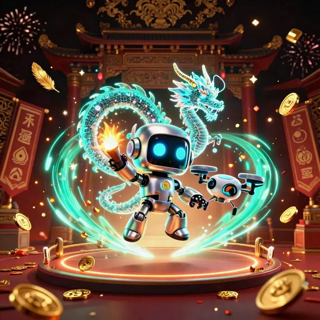 Cyberpunk robot, holographic dragon, and coin drone in a luxe casino fantasy scene.