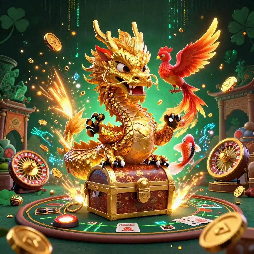 Golden dragon, phoenix and koi erupt from a treasure chest amid casino lights.