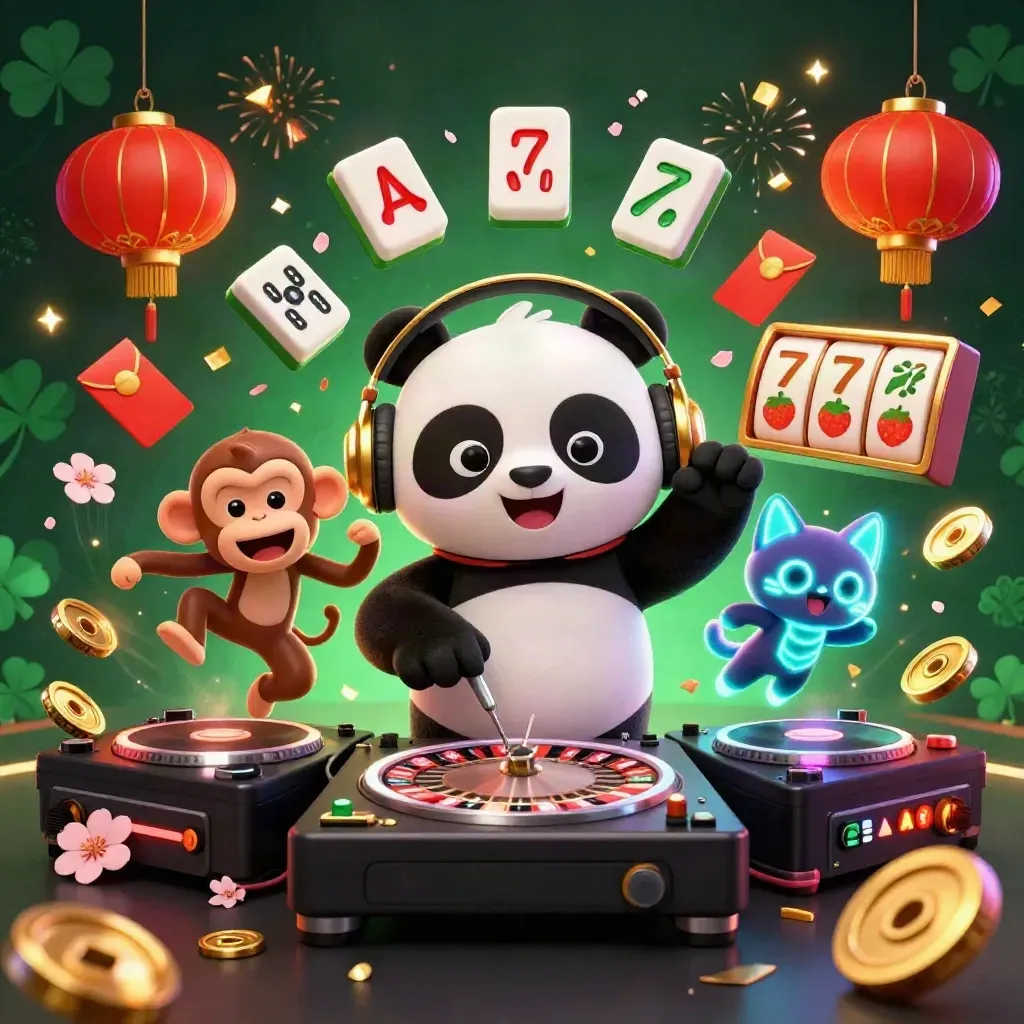 DJ panda, breakdancing monkey, and glow-stick kitten amid casino symbols and neon teal fireworks