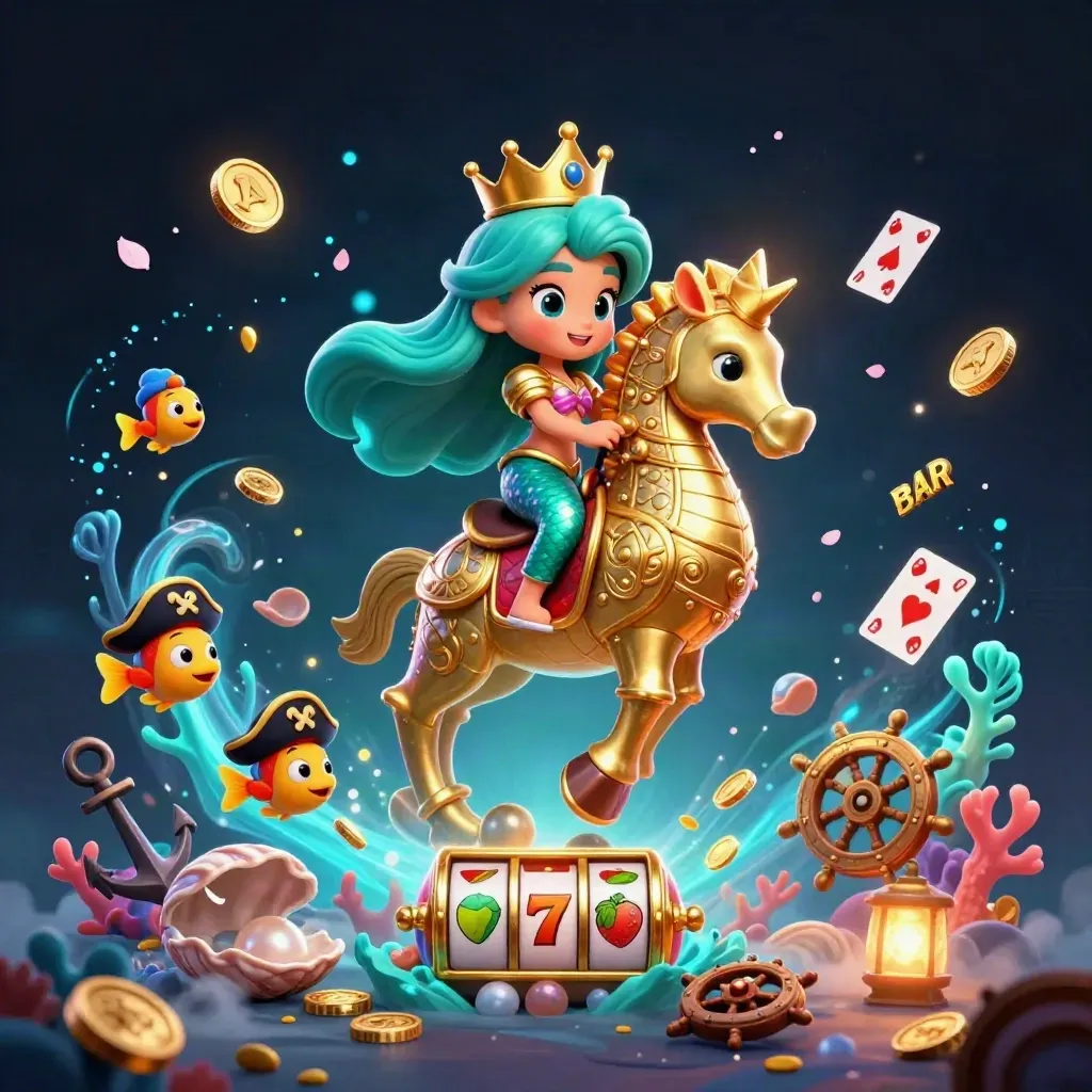 Mermaid princess on golden seahorse in a sparkling treasure cove with pirate fish and casino symbols.