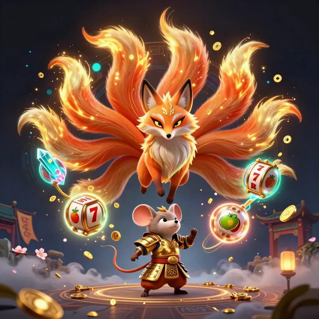 Neon fox spirit and samurai mouse amid casino reels, coins, temple gate, and glowing effects.